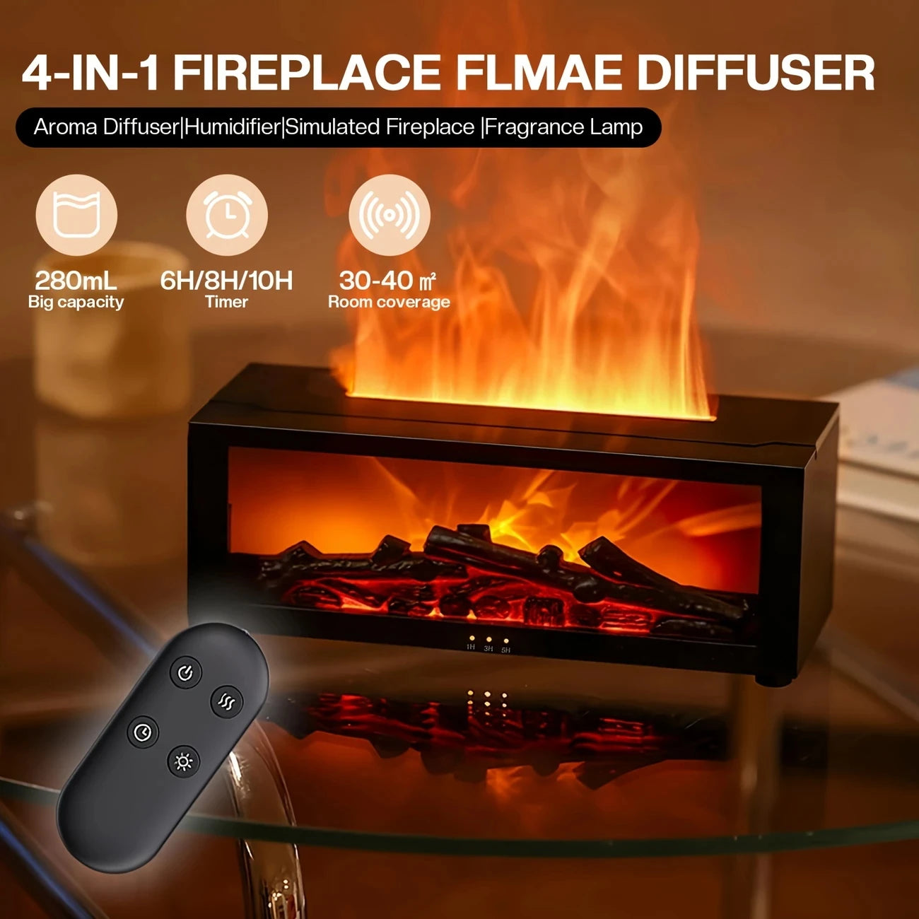 9.47Oz Fireplace Cool Mist Humidifier with Remote, Timer & 7-Color LED Lights, Usb-Powered Essential Oil Diffuser, Includes 2 Es