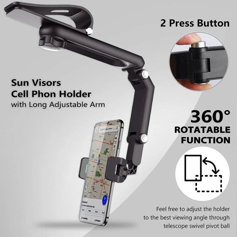 Introducing the 1080° Multi-Function Sun Visor Phone Holder: A Universal Solution with 360° Rotating Capability for All Your In-Car Needs