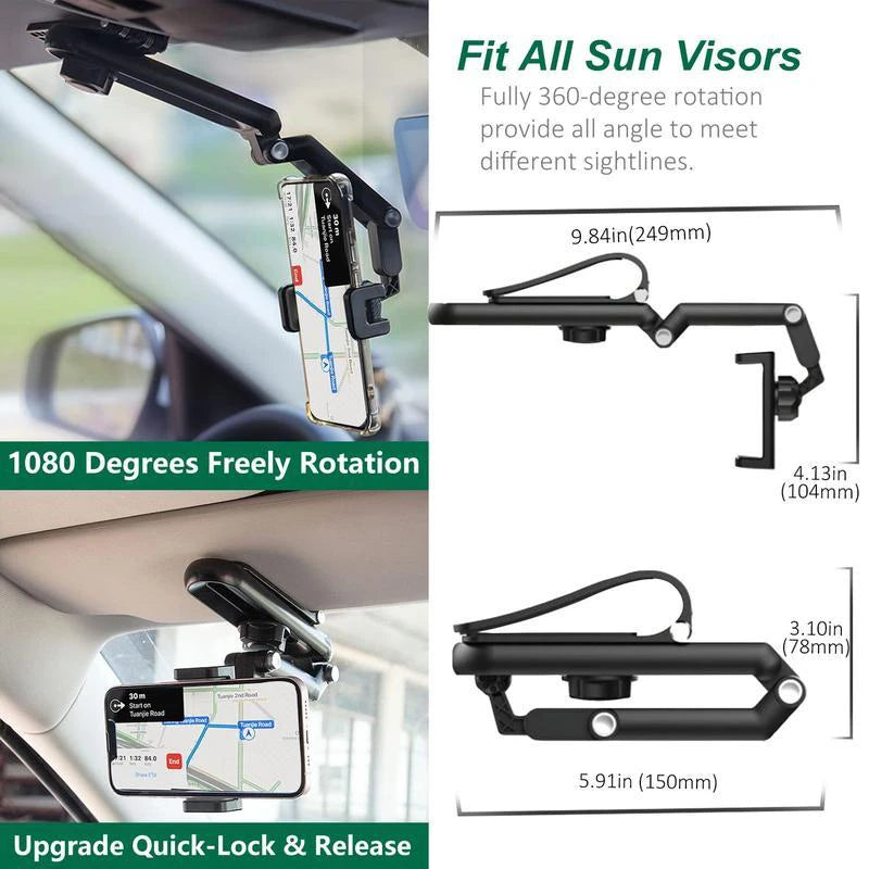 Introducing the 1080° Multi-Function Sun Visor Phone Holder: A Universal Solution with 360° Rotating Capability for All Your In-Car Needs